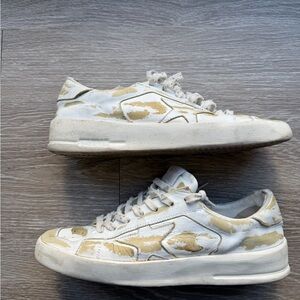 Golden Goose Cream and Gold Distressed Sneakers